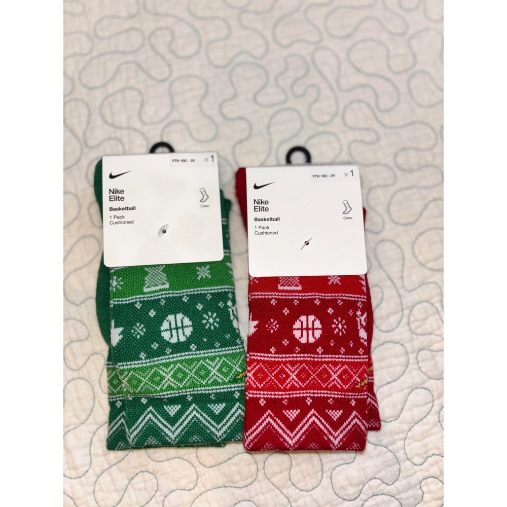 Nike Elite Basketball Crew Socks Youth 10C-3Y Holiday Fair Isle Red Green Santa